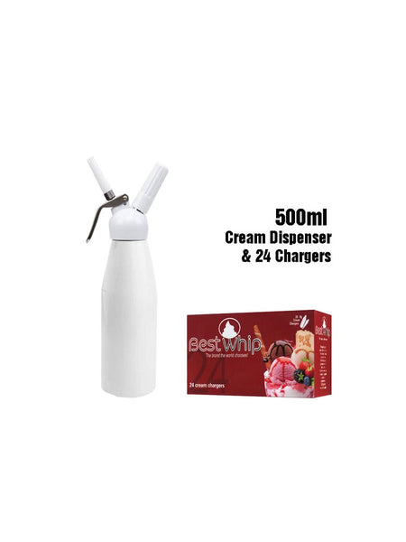 Professional Whipped Cream Dispenser White - 500 ML & Best Whip 8Gm N20 Cream Chargers - 24 Pack
