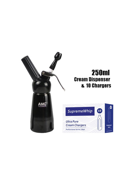 Black AMC Professional Whipped Cream Dispenser 250ML & Supreme Whip Cream Chargers 10 Pack