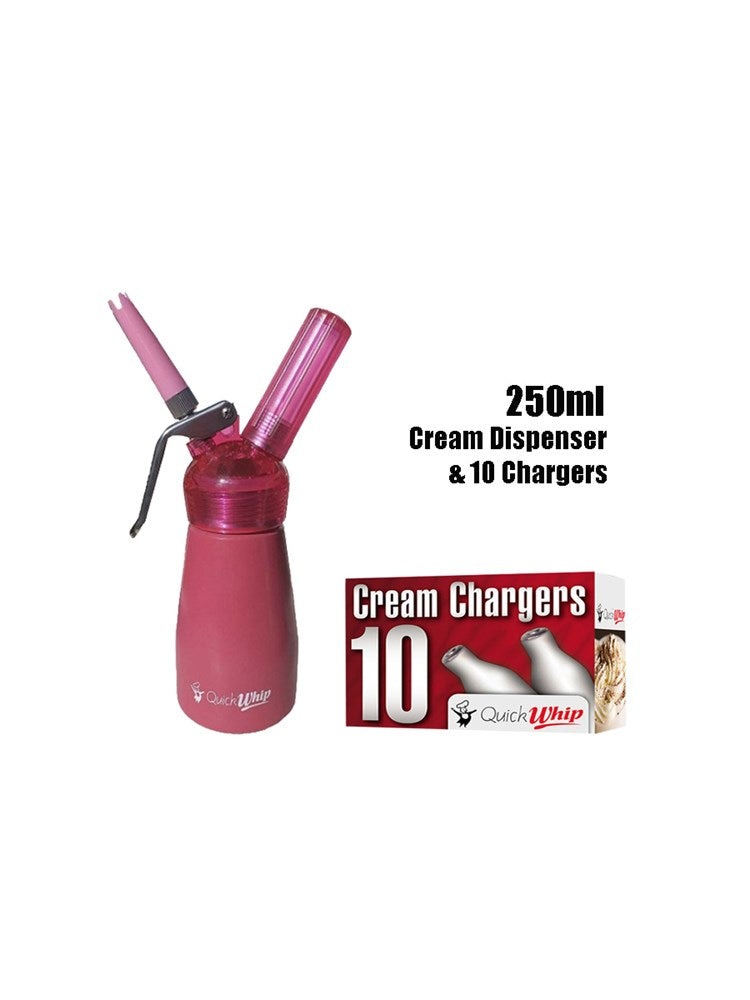 250ML Quick Whip Dispenser Pink & Quick Whip Cream Chargers 10 Pack