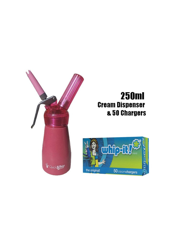 250ML Quick Whip Dispenser Pink & Whip It Cream Chargers 50 Pack