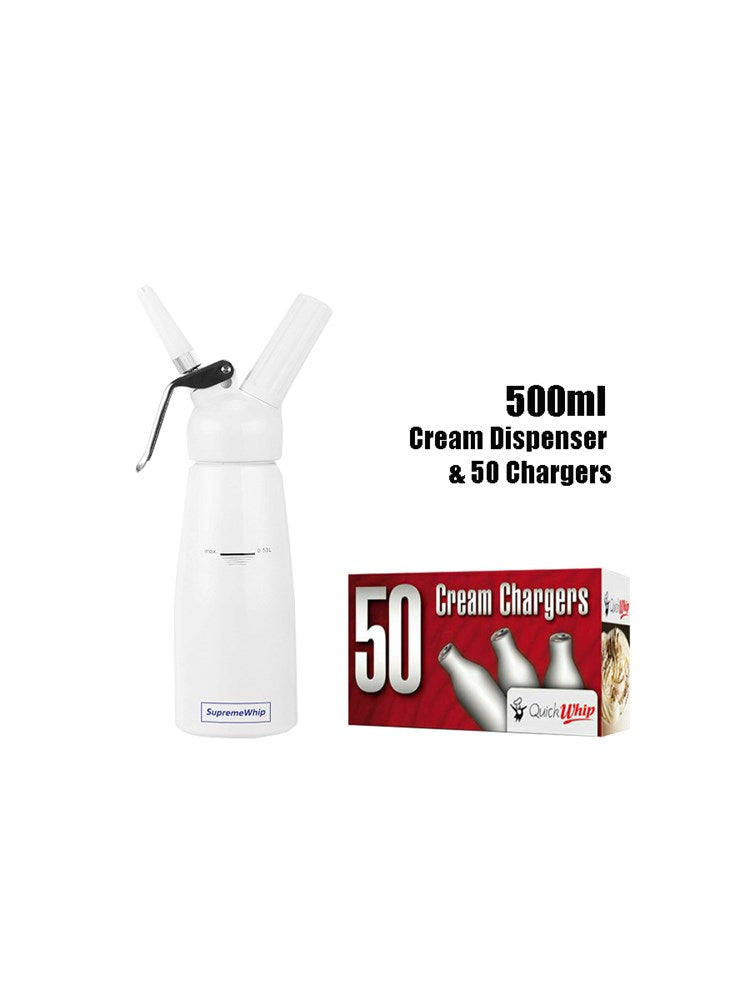 500 ML Supreme Whip Dispenser 500ML White &     Quick Whip Cream Chargers 50 Pack